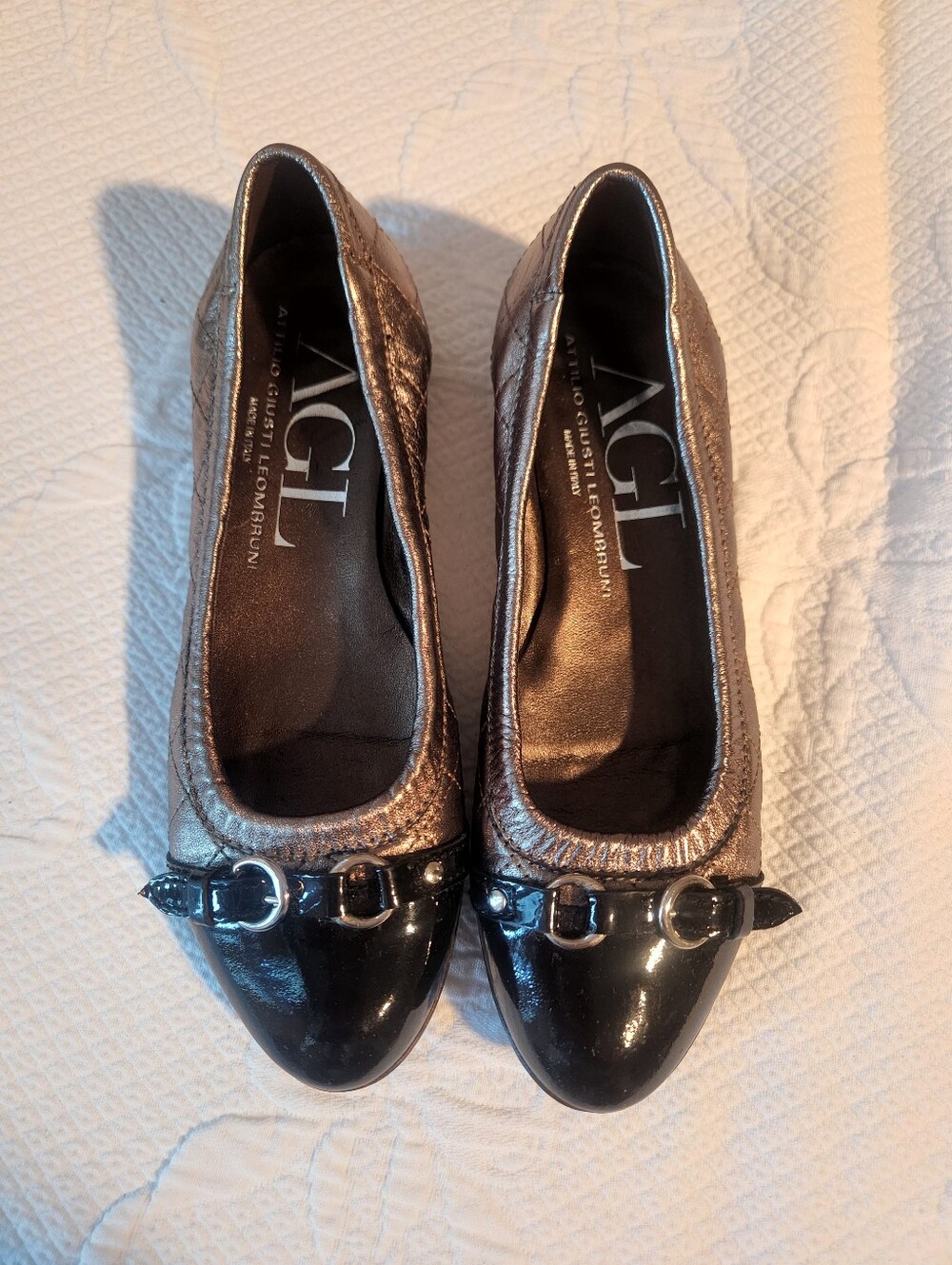 AGL Metallic Bronze and Black Leather Ballet Flats